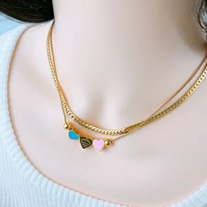 Gold Heart Pendant Necklace with Blue and Pink Accents